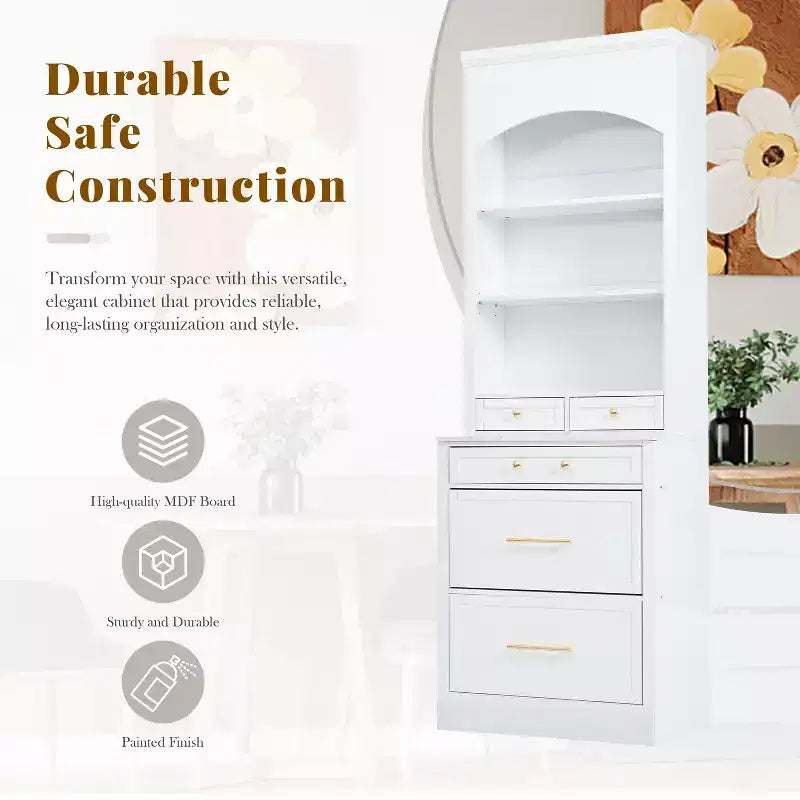 Dispensa da cucina 83.7H, Madia da cucina freestanding con ripiano effetto marmo, Armadio credenza con 5 cassetti e ripiano regolabile