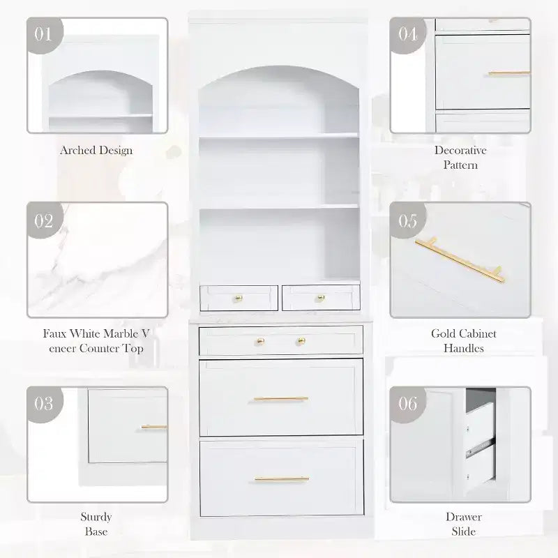 Dispensa da cucina 83.7H, Madia da cucina freestanding con ripiano effetto marmo, Armadio credenza con 5 cassetti e ripiano regolabile