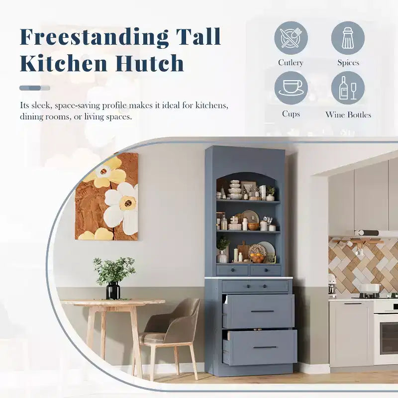 Dispensa da cucina 83.7H, Madia da cucina freestanding con ripiano effetto marmo, Armadio credenza con 5 cassetti e ripiano regolabile