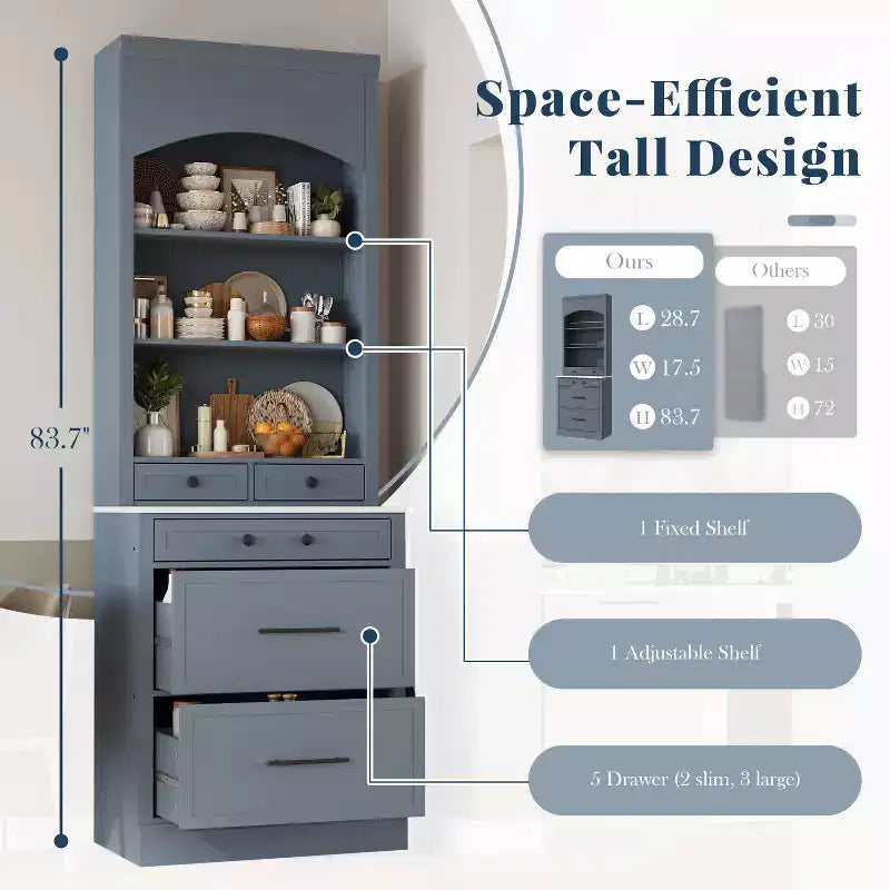 Dispensa da cucina 83.7H, Madia da cucina freestanding con ripiano effetto marmo, Armadio credenza con 5 cassetti e ripiano regolabile