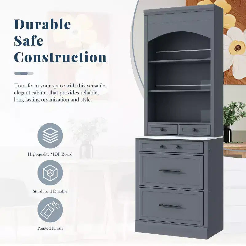 Dispensa da cucina 83.7H, Madia da cucina freestanding con ripiano effetto marmo, Armadio credenza con 5 cassetti e ripiano regolabile