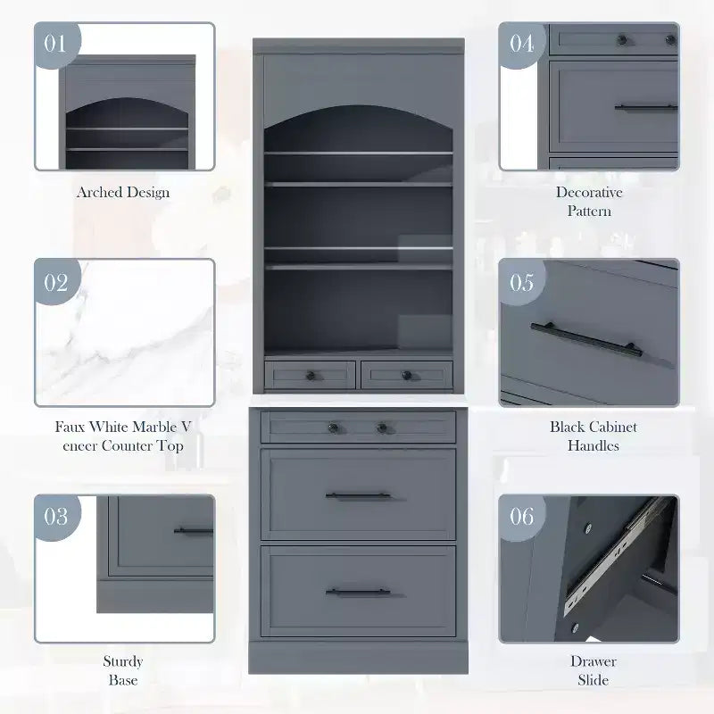 Dispensa da cucina 83.7H, Madia da cucina freestanding con ripiano effetto marmo, Armadio credenza con 5 cassetti e ripiano regolabile