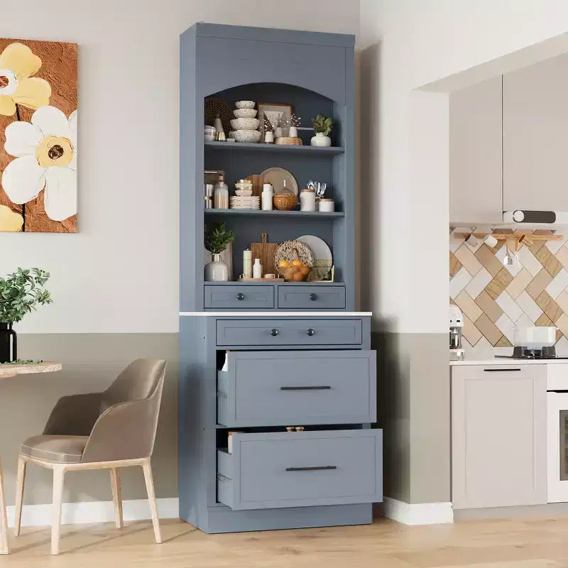 Dispensa da cucina 83.7H, Madia da cucina freestanding con ripiano effetto marmo, Armadio credenza con 5 cassetti e ripiano regolabile