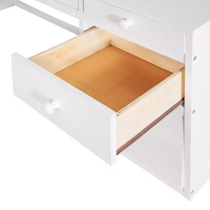 Letto a soppalco singolo/matrimoniale con scala, mensole e scrivania con cassetti