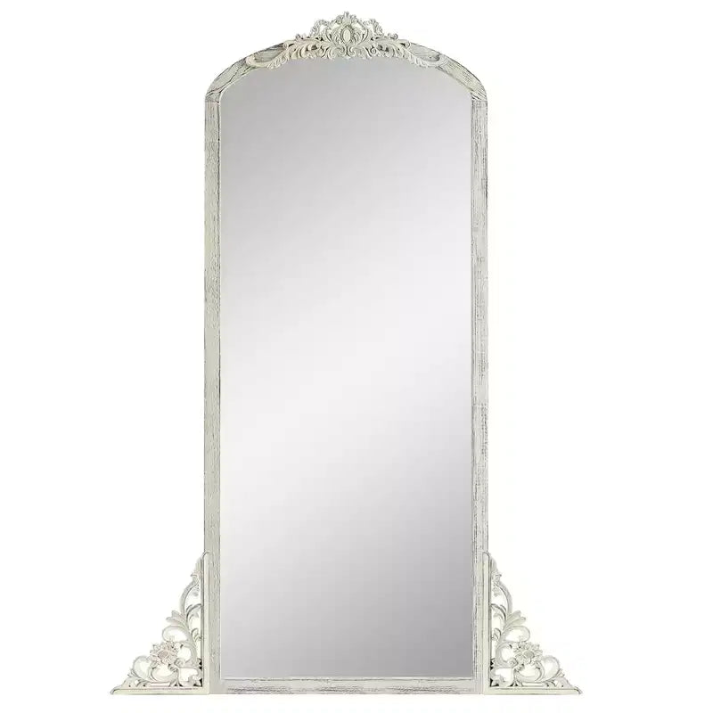 Specchio a figura intera (senza supporto) in legno massello intagliato a fiori, ad angolo retto, leggermente curvo, effetto invecchiato bianco