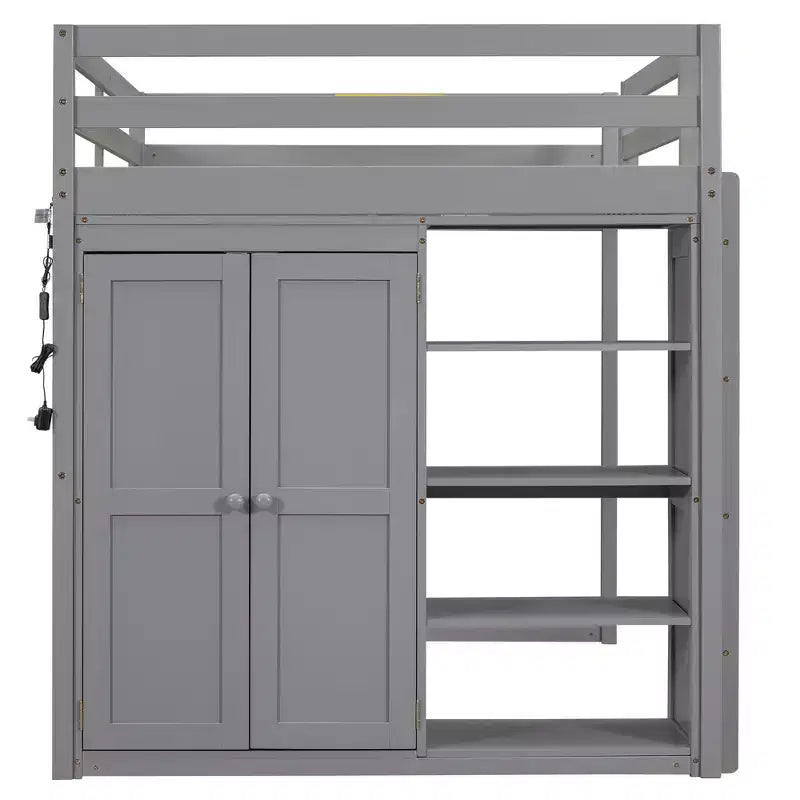 Letto a soppalco full size in legno, con armadio, mensole portaoggetti e luce a LED, 79,5''L 57,0''W