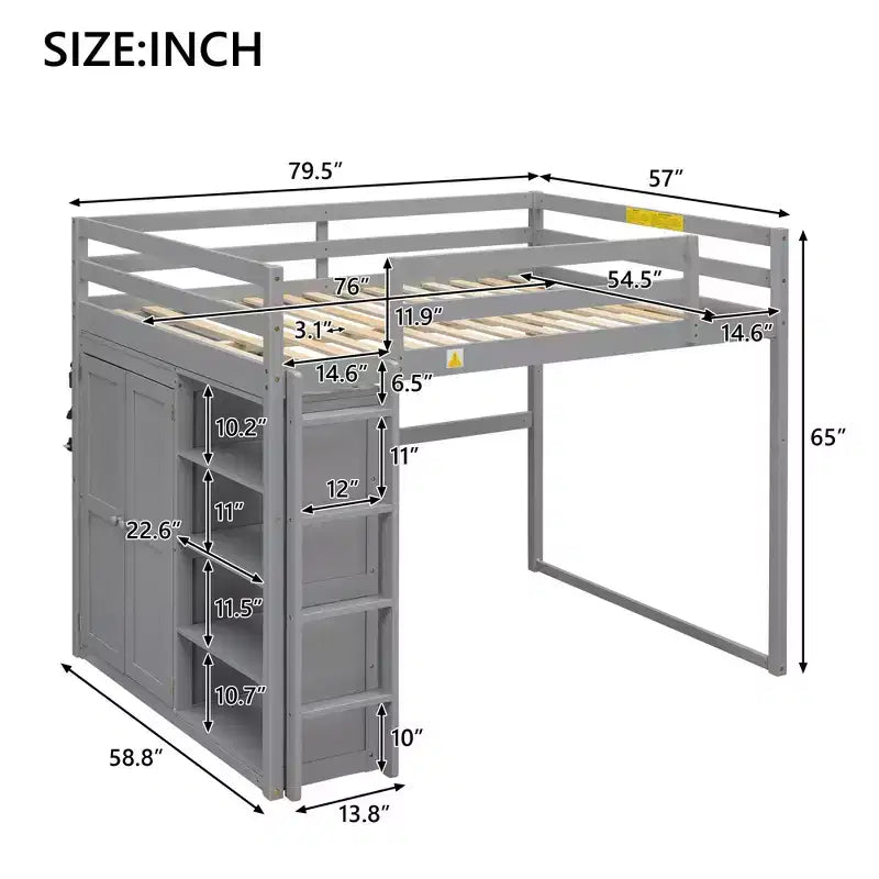 Letto a soppalco full size in legno, con armadio, mensole portaoggetti e luce a LED, 79,5''L 57,0''W