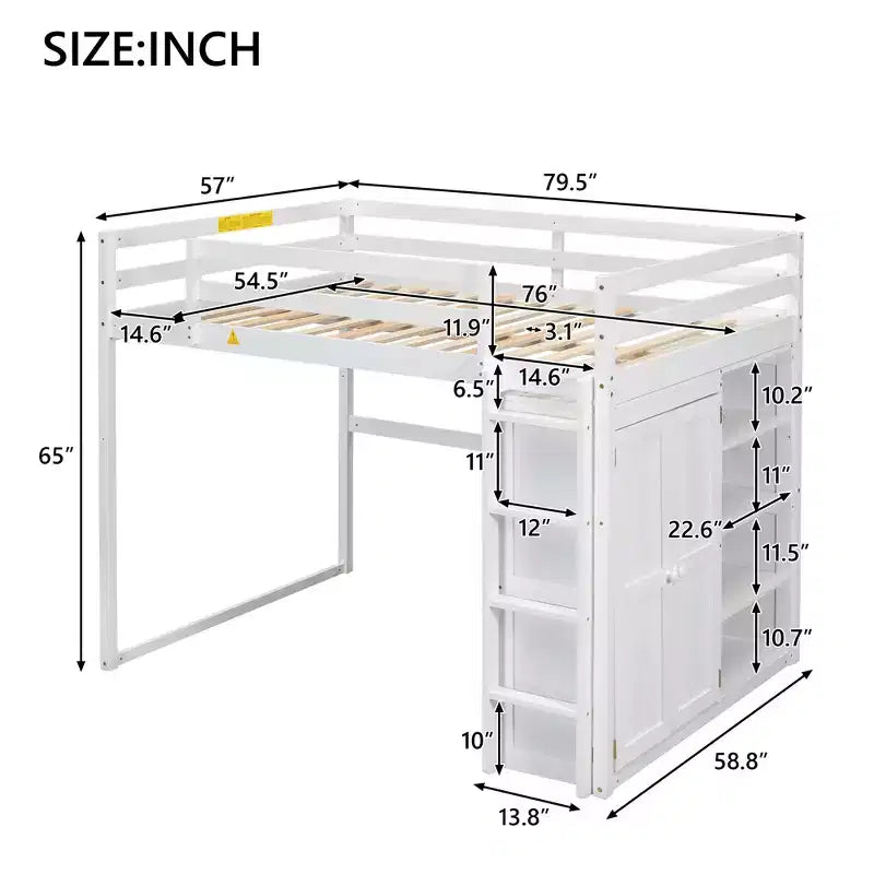 Letto a soppalco full size in legno, con armadio, mensole portaoggetti e luce a LED, 79,5''L 57,0''W