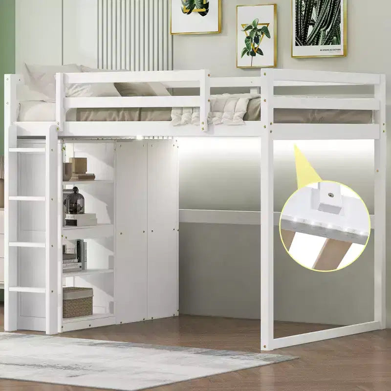 Letto a soppalco full size in legno, con armadio, mensole portaoggetti e luce a LED, 79,5''L 57,0''W