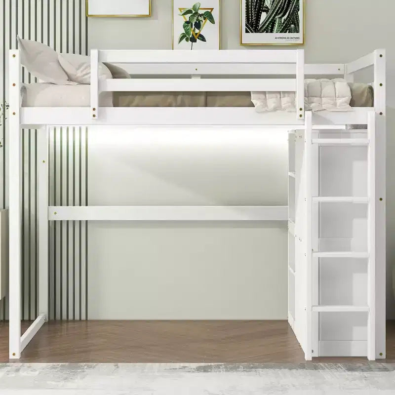 Letto a soppalco full size in legno, con armadio, mensole portaoggetti e luce a LED, 79,5''L 57,0''W