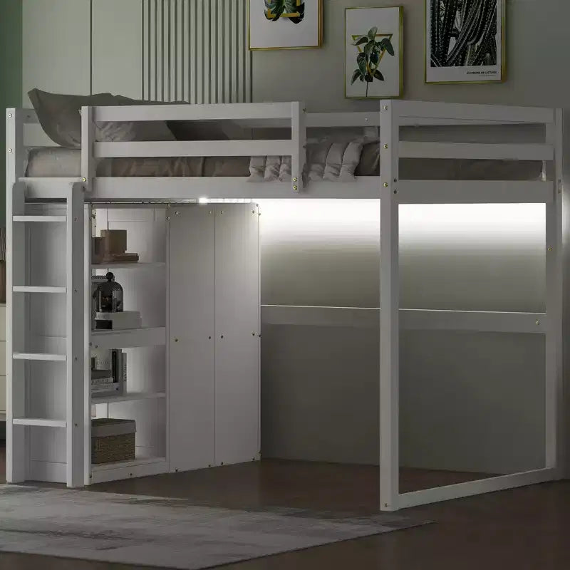 Letto a soppalco full size in legno, con armadio, mensole portaoggetti e luce a LED, 79,5''L 57,0''W