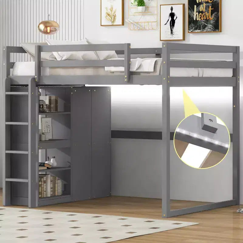Letto a soppalco full size in legno, con armadio, mensole portaoggetti e luce a LED, 79,5''L 57,0''W