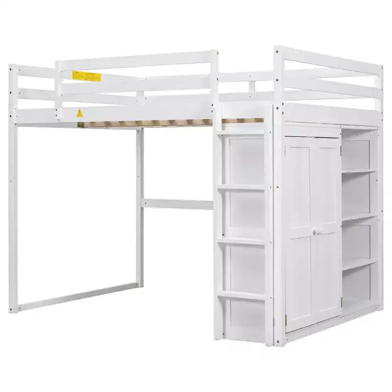 Letto a soppalco full size in legno, con armadio, mensole portaoggetti e luce a LED, 79,5''L 57,0''W