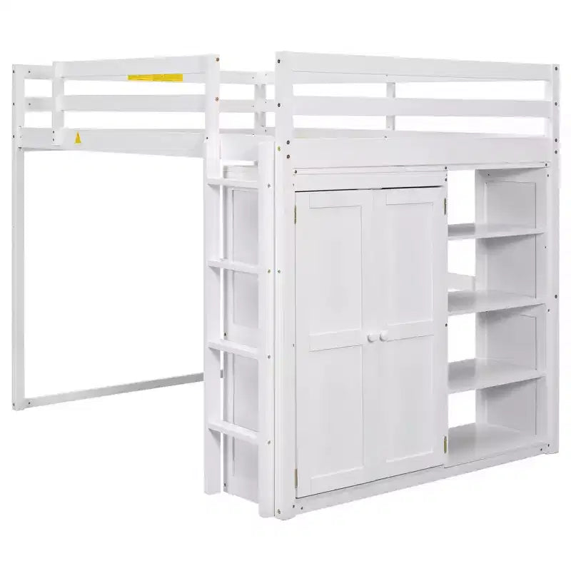 Letto a soppalco full size in legno, con armadio, mensole portaoggetti e luce a LED, 79,5''L 57,0''W