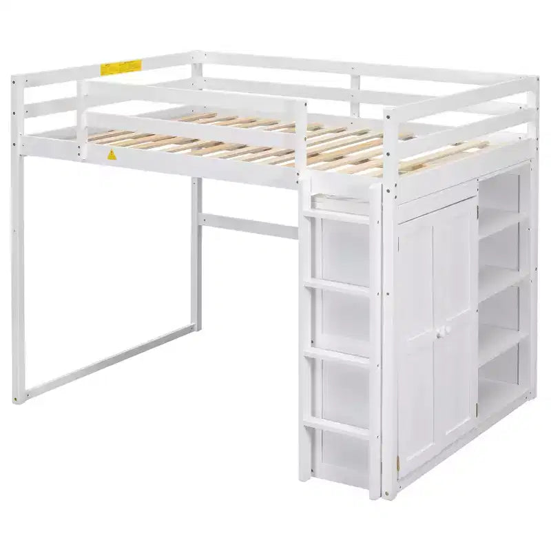 Letto a soppalco full size in legno, con armadio, mensole portaoggetti e luce a LED, 79,5''L 57,0''W