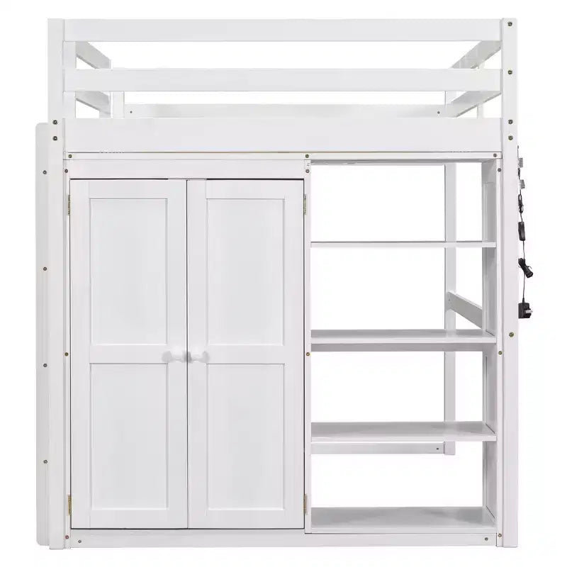 Letto a soppalco full size in legno, con armadio, mensole portaoggetti e luce a LED, 79,5''L 57,0''W
