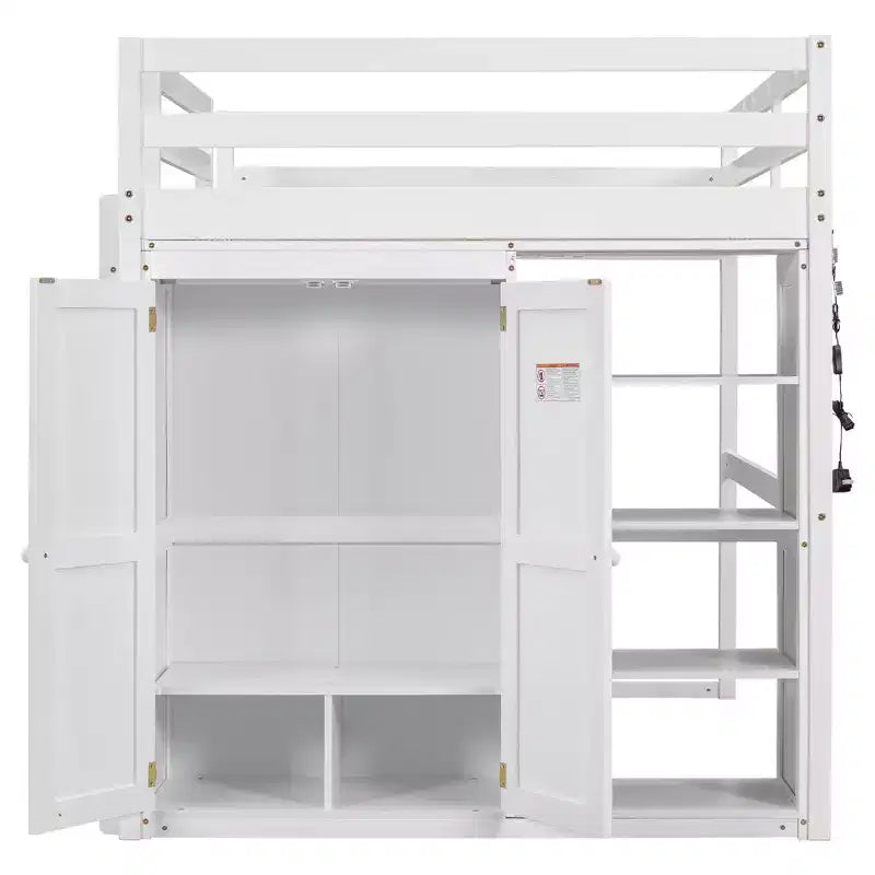 Letto a soppalco full size in legno, con armadio, mensole portaoggetti e luce a LED, 79,5''L 57,0''W