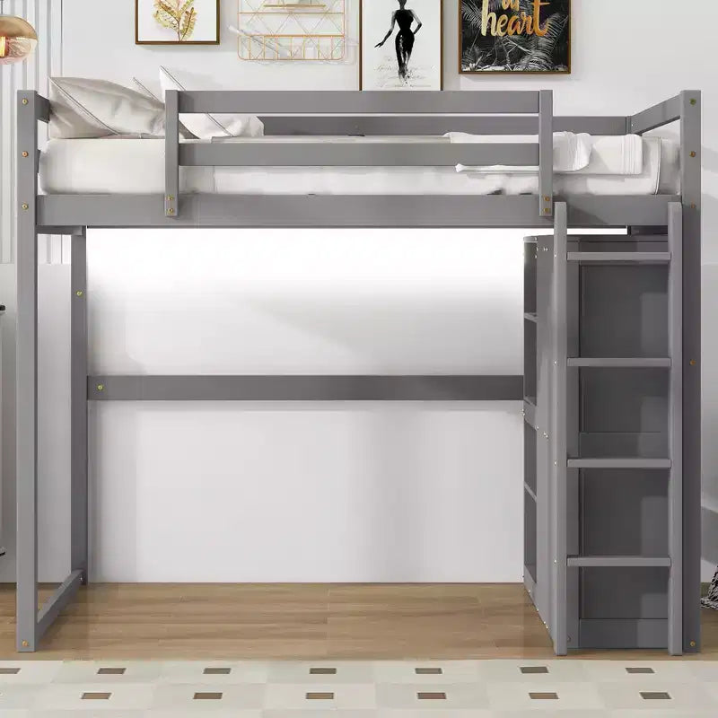 Letto a soppalco full size in legno, con armadio, mensole portaoggetti e luce a LED, 79,5''L 57,0''W
