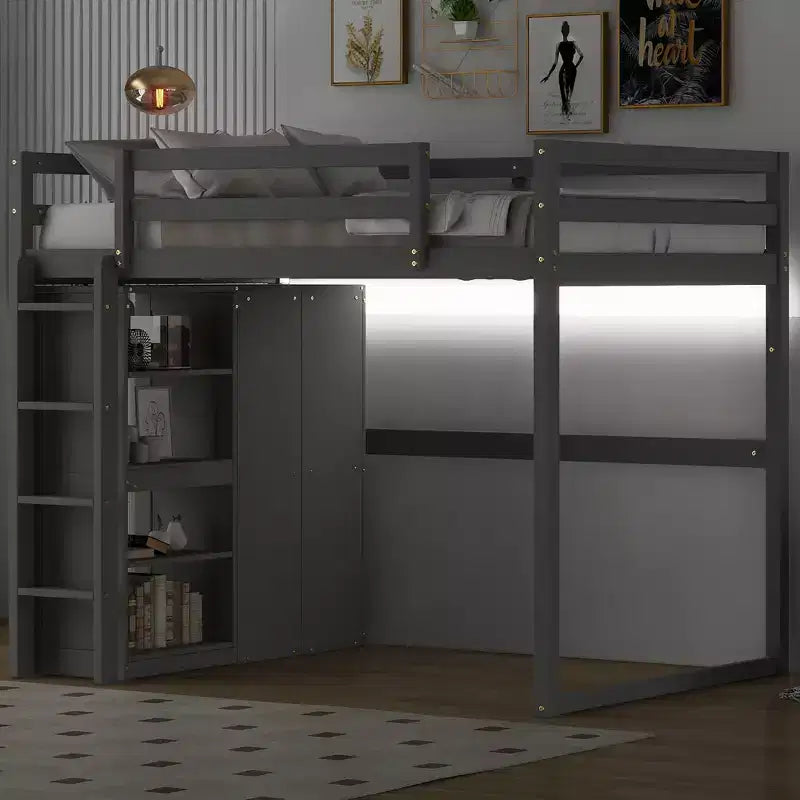 Letto a soppalco full size in legno, con armadio, mensole portaoggetti e luce a LED, 79,5''L 57,0''W
