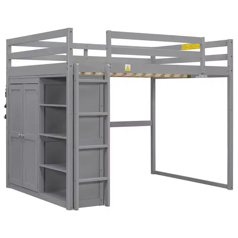 Letto a soppalco full size in legno, con armadio, mensole portaoggetti e luce a LED, 79,5''L 57,0''W