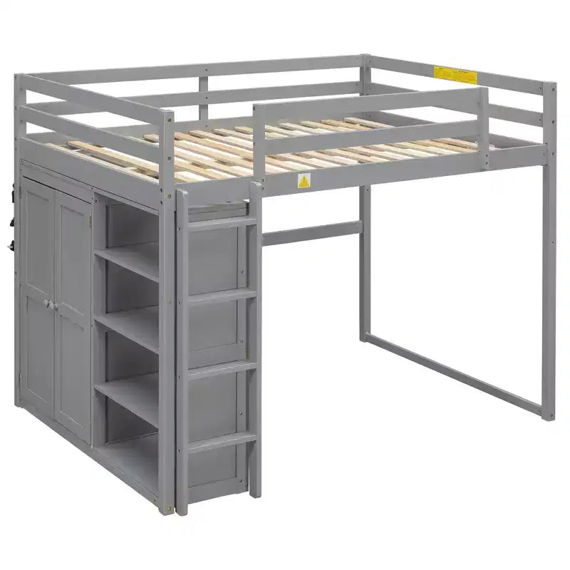 Letto a soppalco full size in legno, con armadio, mensole portaoggetti e luce a LED, 79,5''L 57,0''W
