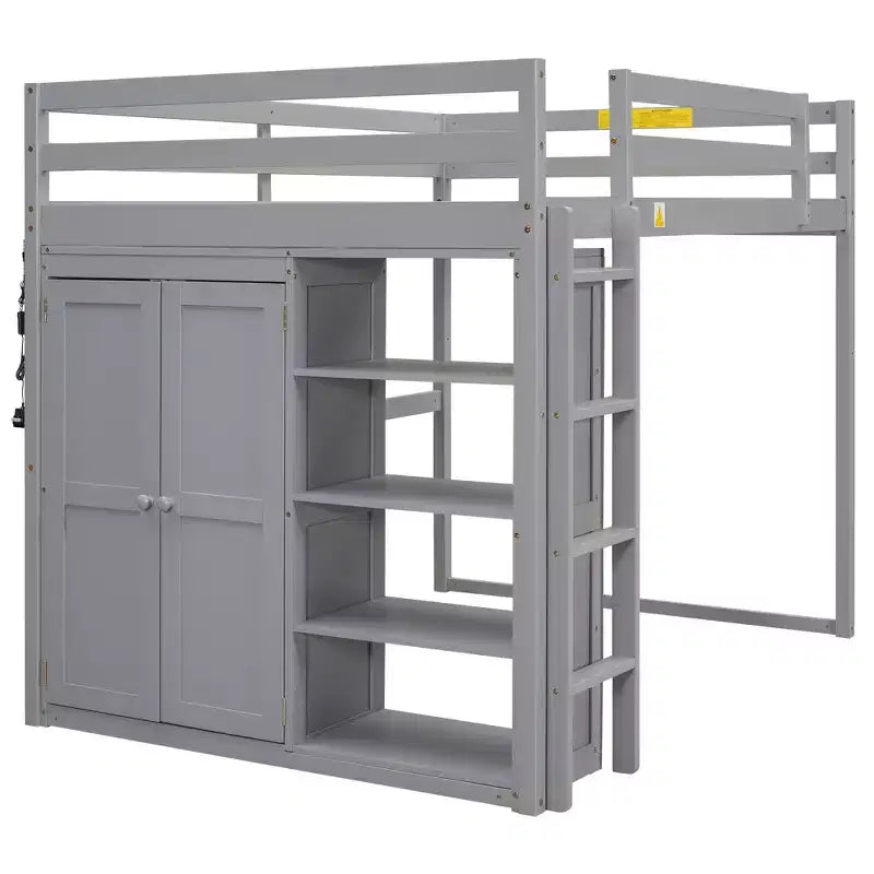 Letto a soppalco full size in legno, con armadio, mensole portaoggetti e luce a LED, 79,5''L 57,0''W