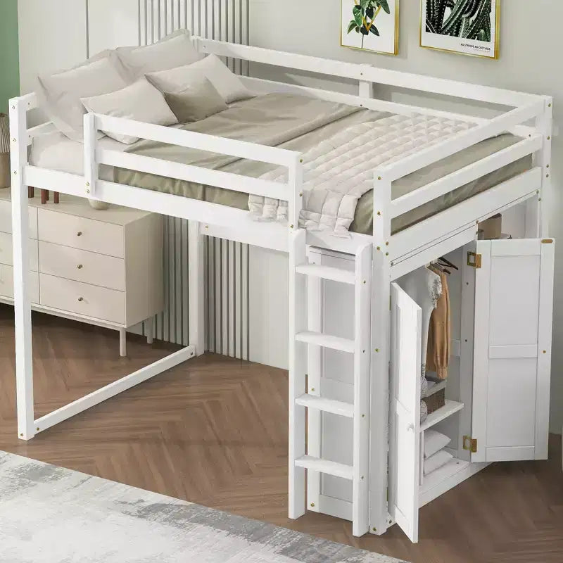 Letto a soppalco full size in legno, con armadio, mensole portaoggetti e luce a LED, 79,5''L 57,0''W