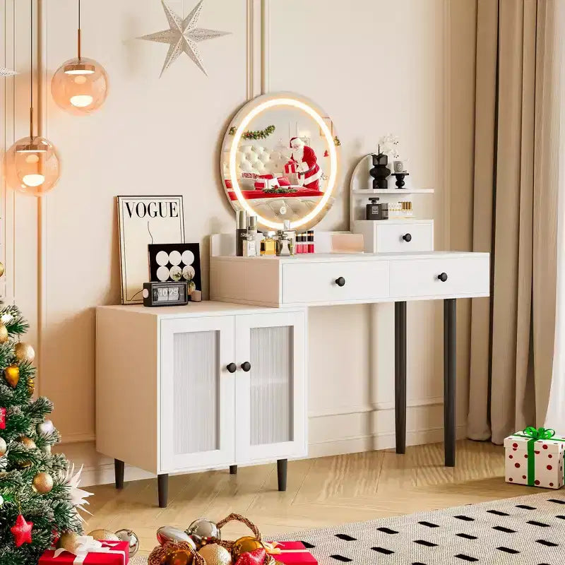 Toeletta con specchio rotondo a LED, moderna toletta trucco con presa di corrente, touch screen a LED con 3 modalità di illuminazione, luminosità regolabile, 3 cassetti - Bianco