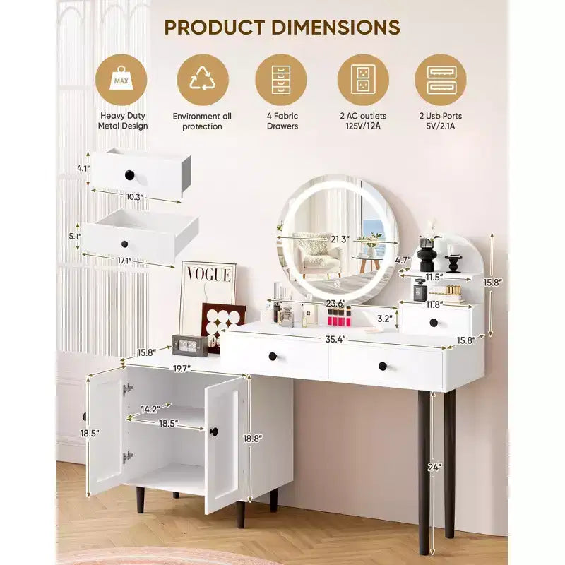 Toeletta con specchio rotondo a LED, moderna toletta trucco con presa di corrente, touch screen a LED con 3 modalità di illuminazione, luminosità regolabile, 3 cassetti - Bianco