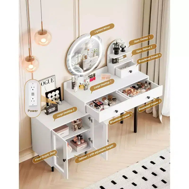 Toeletta con specchio rotondo a LED, moderna toletta trucco con presa di corrente, touch screen a LED con 3 modalità di illuminazione, luminosità regolabile, 3 cassetti - Bianco