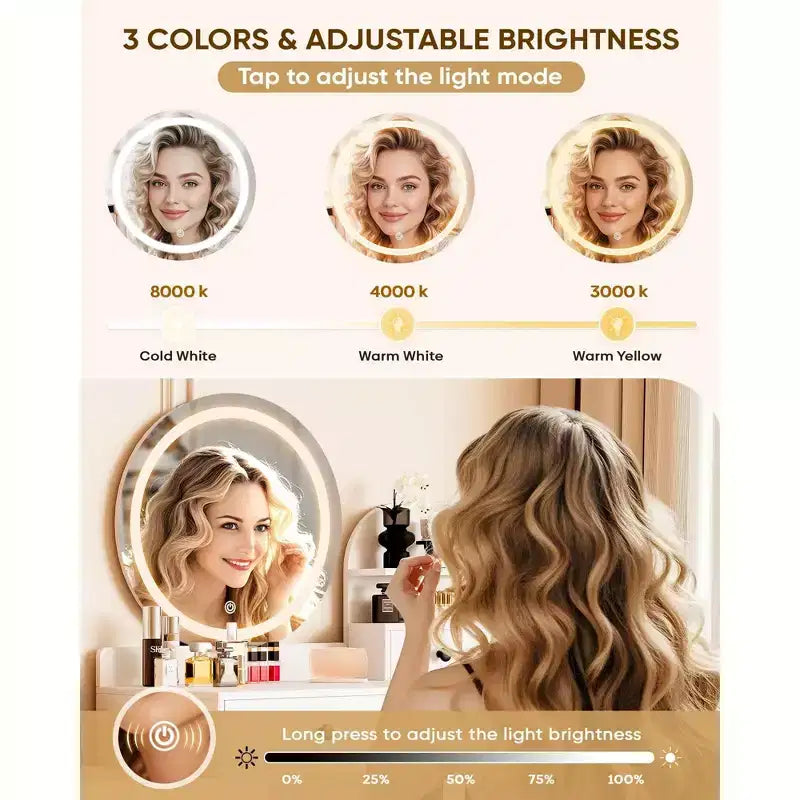 Toeletta con specchio rotondo a LED, moderna toletta trucco con presa di corrente, touch screen a LED con 3 modalità di illuminazione, luminosità regolabile, 3 cassetti - Bianco