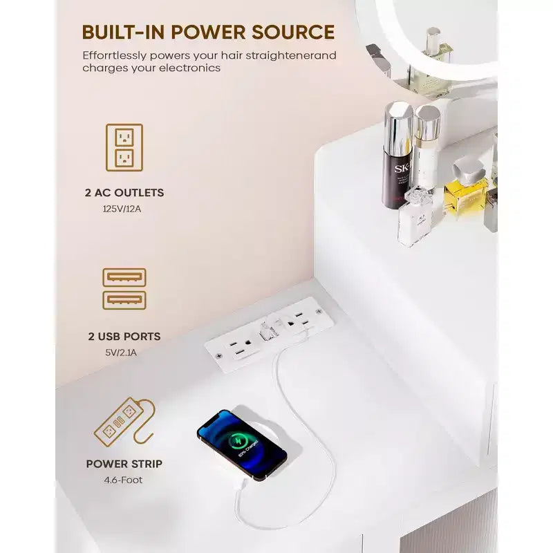 Toeletta con specchio rotondo a LED, moderna toletta trucco con presa di corrente, touch screen a LED con 3 modalità di illuminazione, luminosità regolabile, 3 cassetti - Bianco