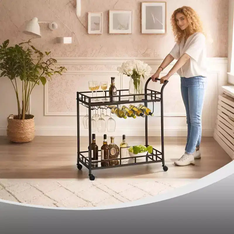 Carrello Bar, Carrello Bar da Servizio per la Casa, Carrello Porta Vino con 2 Ripiani a Specchio, Porta Bottiglie, Porta Bicchieri, Per Cucina, Sala da Pranzo
