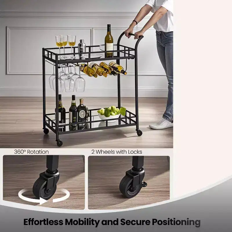 Carrello Bar, Carrello Bar da Servizio per la Casa, Carrello Porta Vino con 2 Ripiani a Specchio, Porta Bottiglie, Porta Bicchieri, Per Cucina, Sala da Pranzo