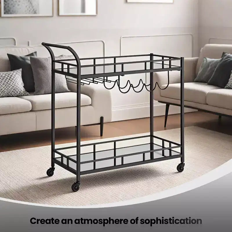 Carrello Bar, Carrello Bar da Servizio per la Casa, Carrello Porta Vino con 2 Ripiani a Specchio, Porta Bottiglie, Porta Bicchieri, Per Cucina, Sala da Pranzo