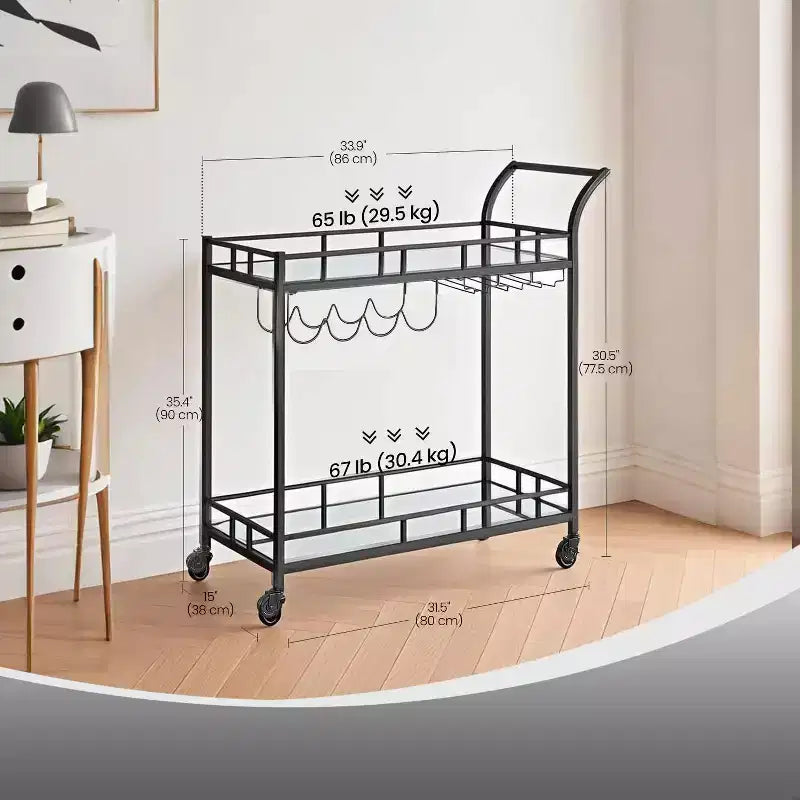Carrello Bar, Carrello Bar da Servizio per la Casa, Carrello Porta Vino con 2 Ripiani a Specchio, Porta Bottiglie, Porta Bicchieri, Per Cucina, Sala da Pranzo