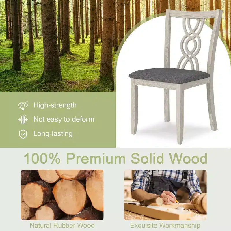 Sedie da pranzo rustiche in legno, sedie da cucina in legno di gomma con seduta imbottita ed elegante schienale intagliato, grigio