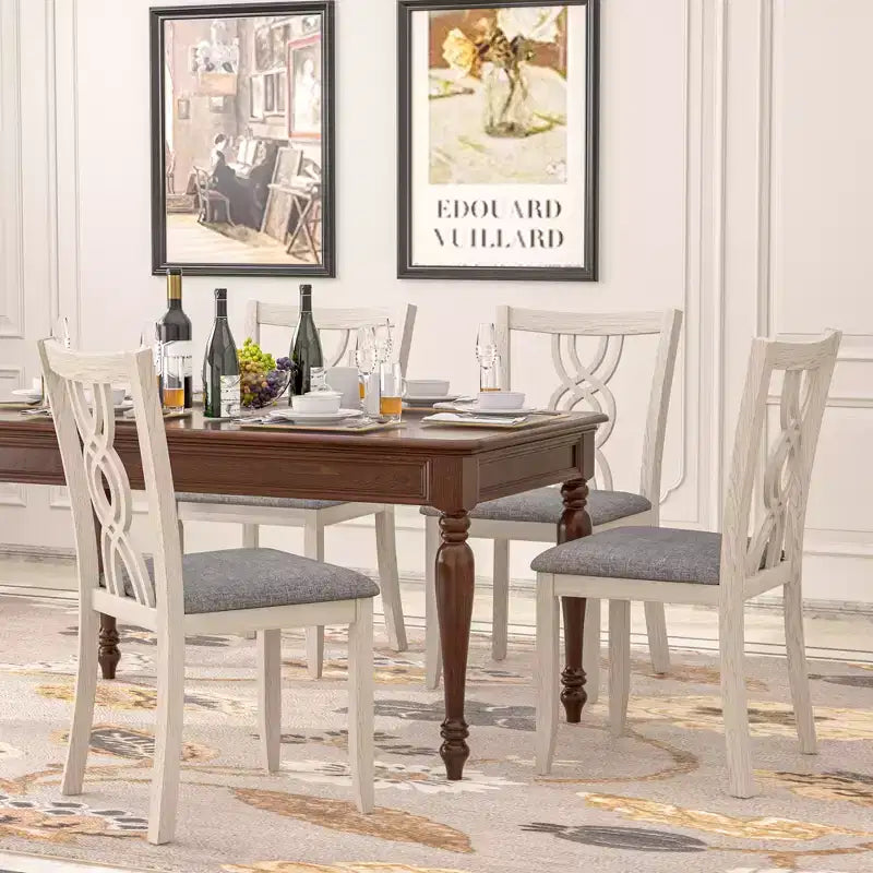 Sedie da pranzo rustiche in legno, sedie da cucina in legno di gomma con seduta imbottita ed elegante schienale intagliato, grigio