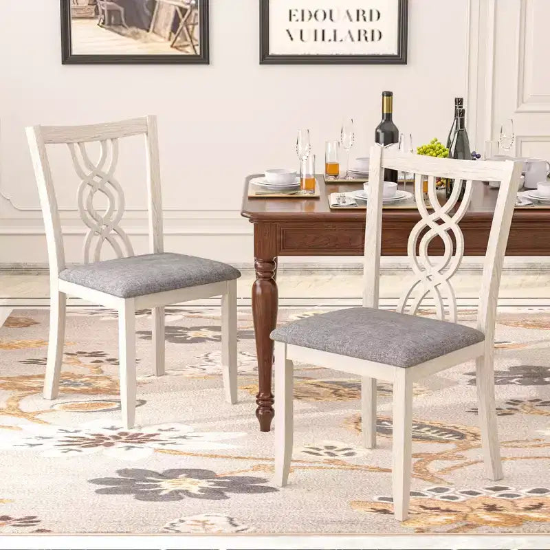 Sedie da pranzo rustiche in legno, sedie da cucina in legno di gomma con seduta imbottita ed elegante schienale intagliato, grigio