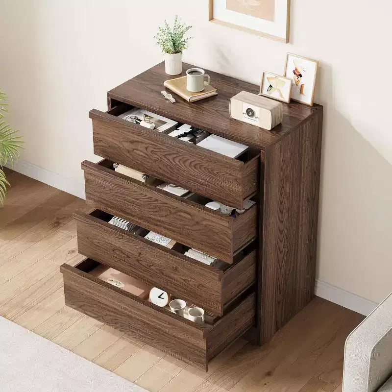 Modern Bedside End Side Table, 4 Drawer Dresser for Bedroom, Living Room, Entryway, Brown