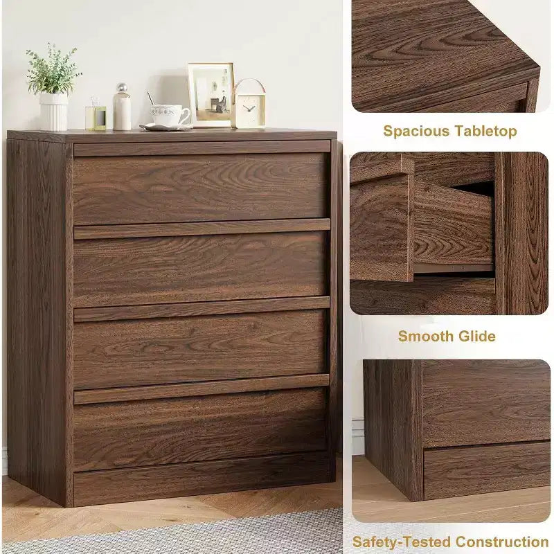 Comodino moderno, Cassettiera a 4 cassetti per camera da letto, soggiorno, ingresso, marrone