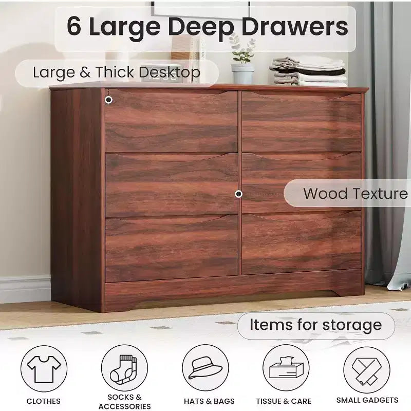 Comò moderno, cassettiera in legno a 6 cassetti per camera da letto, soggiorno, ingresso, marrone