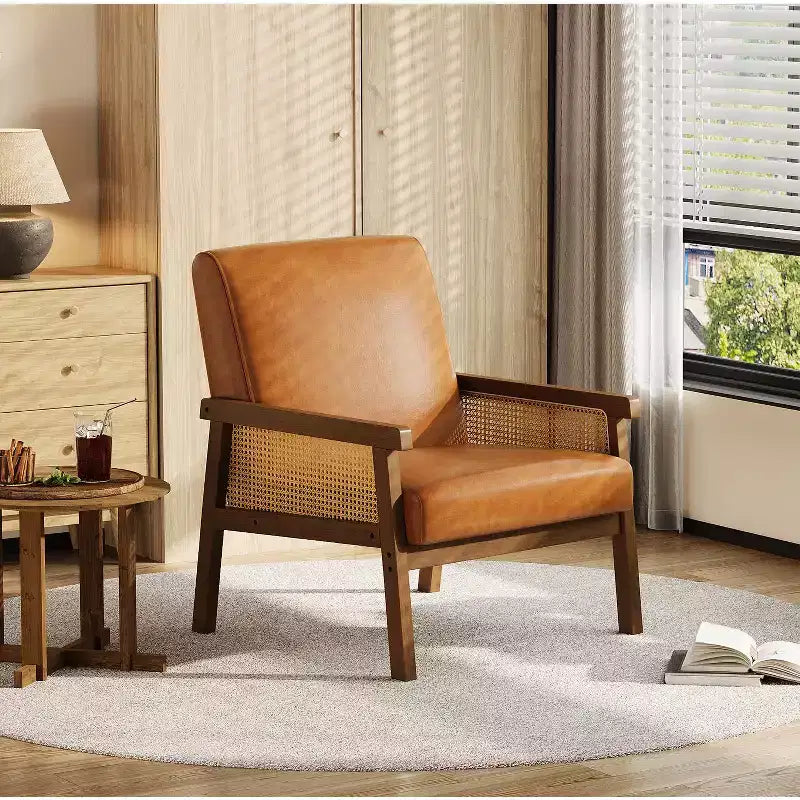 Modern High Back Wood Frame Accent Chair with Capacity - Upholstered Rattan or PU Leather Armchair for Living Room