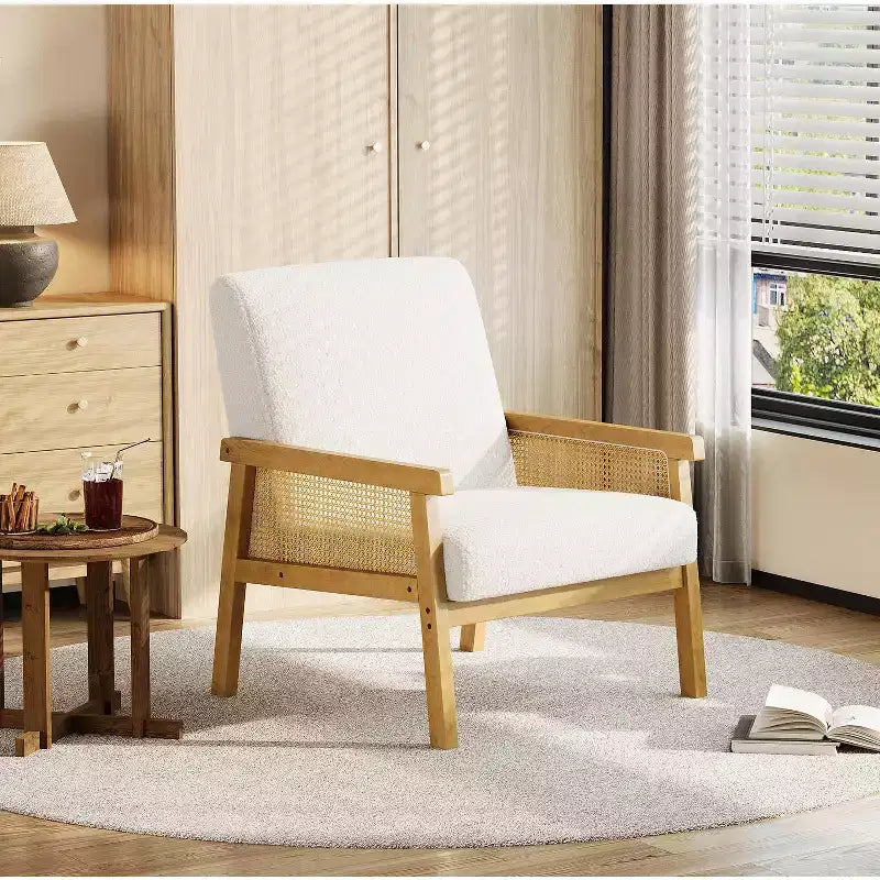 Modern High Back Wood Frame Accent Chair with Capacity - Upholstered Rattan or PU Leather Armchair for Living Room