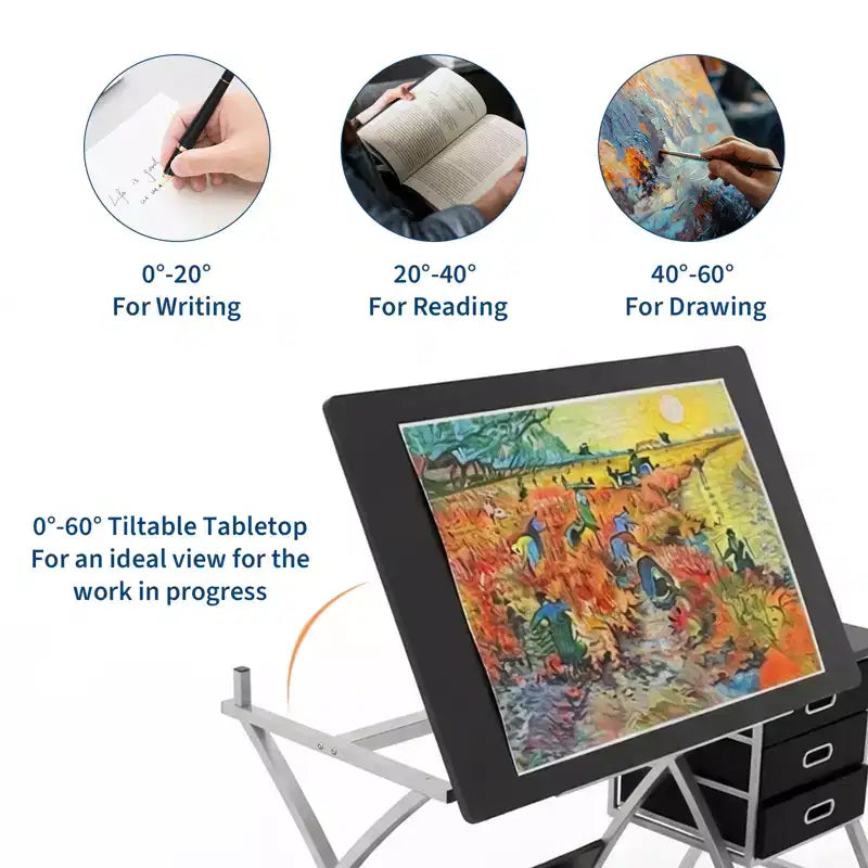 Tavolo da Disegno Regolabile con Sgabello, Tavolo da Disegno con Piano Inclinabile e 3 Cassetti, Postazione da Lavoro per Studio di Pittura, Scrivania d'Arte per il Disegno