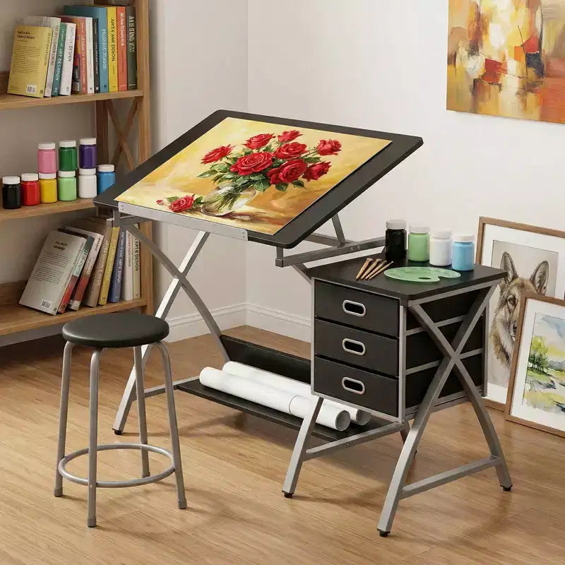 Tavolo da Disegno Regolabile con Sgabello, Tavolo da Disegno con Piano Inclinabile e 3 Cassetti, Postazione da Lavoro per Studio di Pittura, Scrivania d'Arte per il Disegno