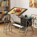 Tavolo da Disegno Regolabile con Sgabello, Tavolo da Disegno con Piano Inclinabile e 3 Cassetti, Postazione da Lavoro per Studio di Pittura, Scrivania d'Arte per il Disegno