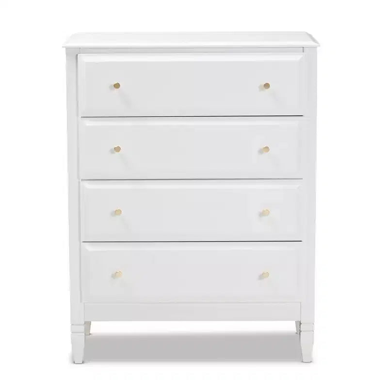 4 Drawer Naomi Wood Bedroom Chest White/Gold: Elegant Storage Solution with Anti-Tip Hardware