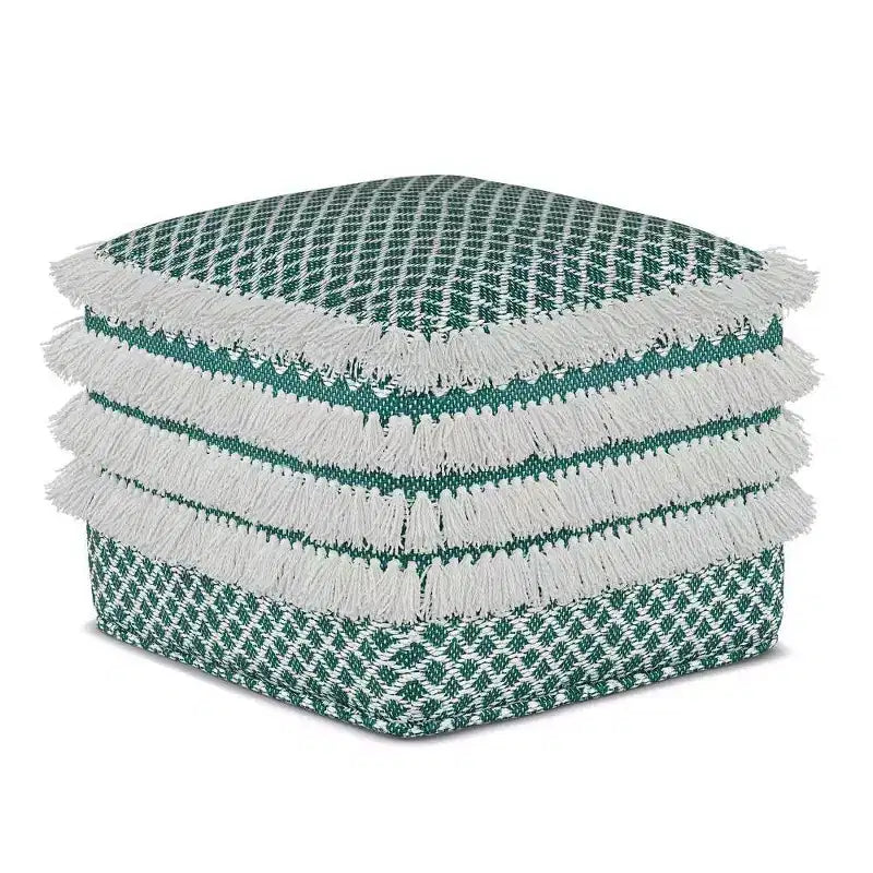 Ari Square Woven PET Polyester Pouf Turquoise/White