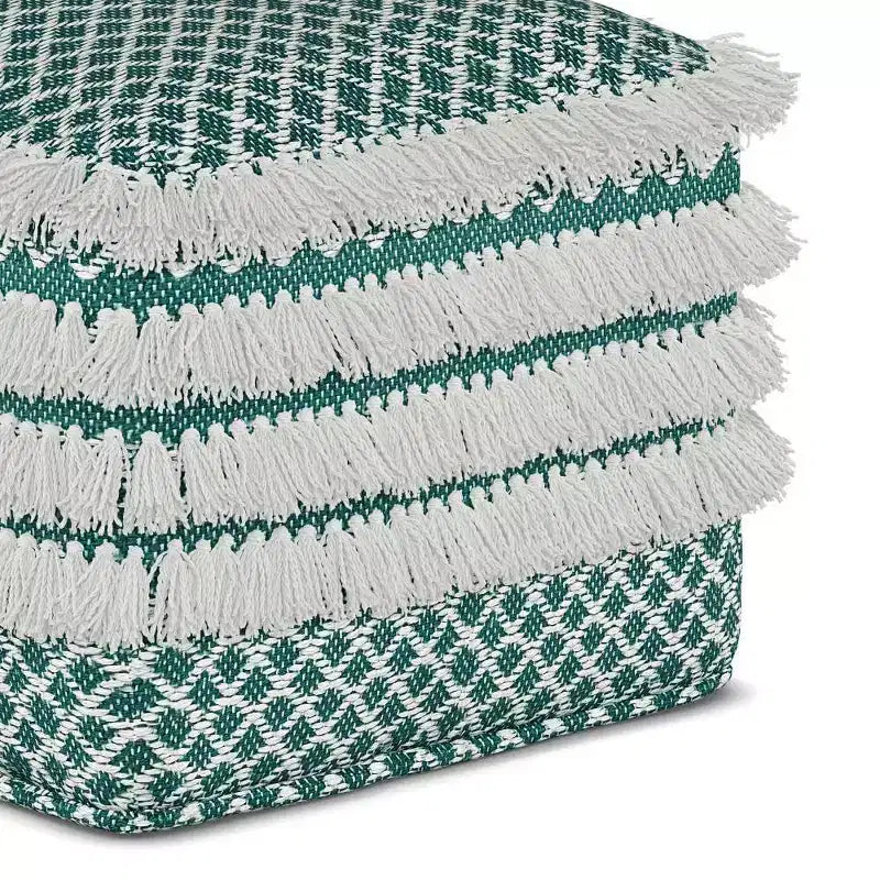 Ari Square Woven PET Polyester Pouf Turquoise/White